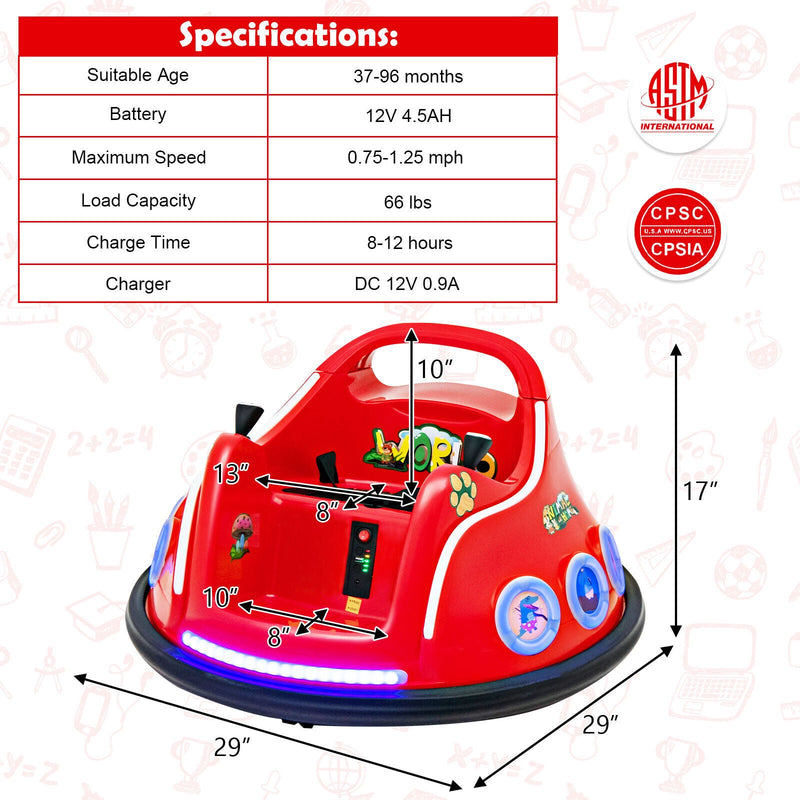 Interactive 12V Kids Bumper Car with Remote Control, LED Lights, and Music - Red