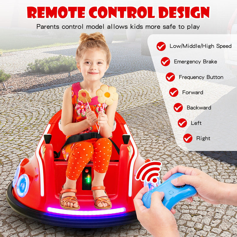 Interactive 12V Kids Bumper Car with Remote Control, LED Lights, and Music - Red