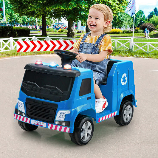 Interactive 12V Ride-on Garbage Truck with Lights and Recycling Accessories for Kids