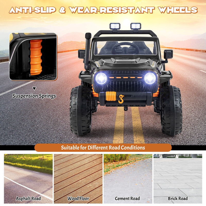 Interactive 12V Ride On Truck with Remote Control, LED Lights, and Music for Parent-Child Fun