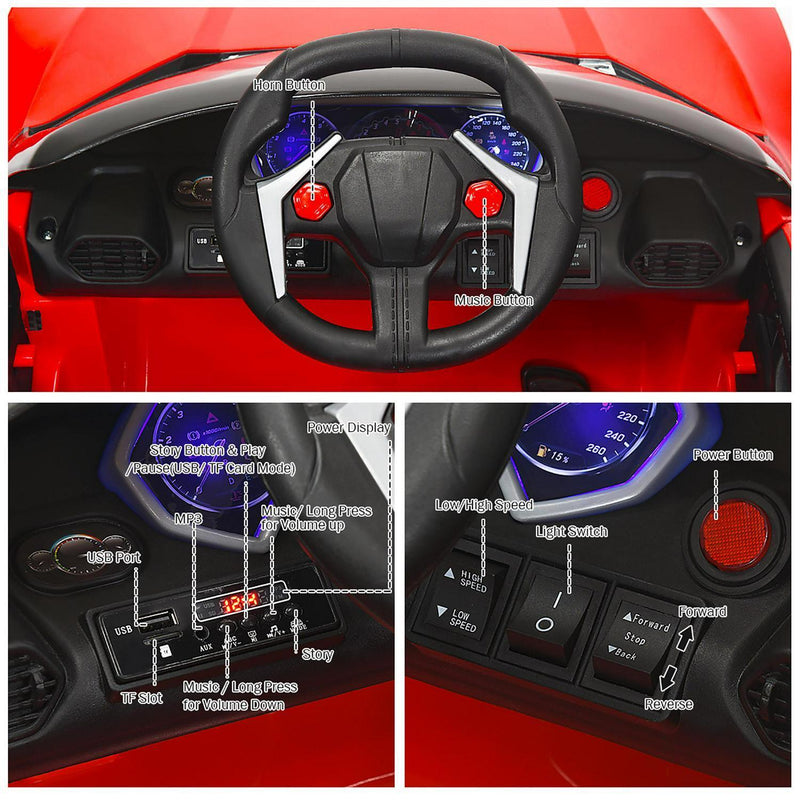 Interactive 2.4G RC Electric Car for Kids with Lights, MP3 Player, and Openable Doors - 12V