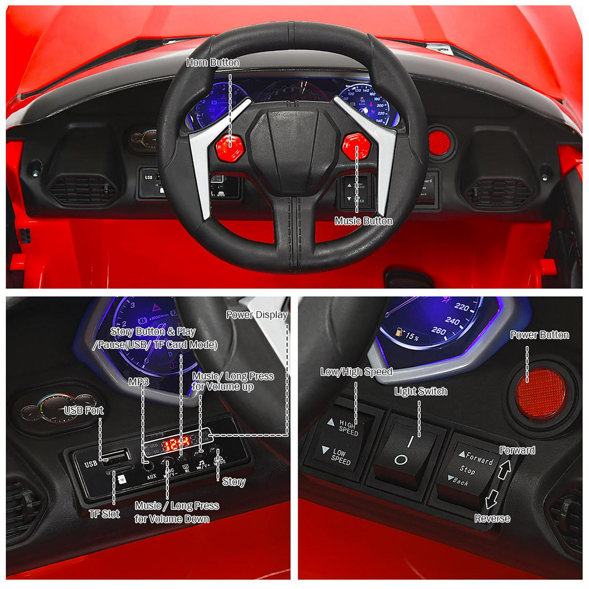 Interactive 2.4G RC Electric Car for Kids with Lights, MP3 Player, and Openable Doors - 12V