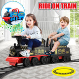 Interactive 6V Electric Kids Train Set with Track, Carriage, Lights, Whistle, Music, Storytelling, and Storage