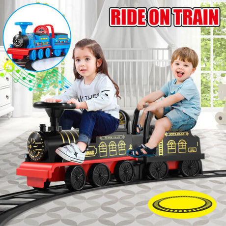 Interactive 6V Electric Kids Train Set with Track, Carriage, Lights, Whistle, Music, Storytelling, and Storage