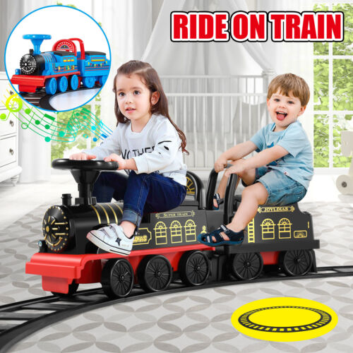 Interactive 6V Electric Kids Train Set with Track, Carriage, Lights, Whistle, Music, Storytelling, and Storage
