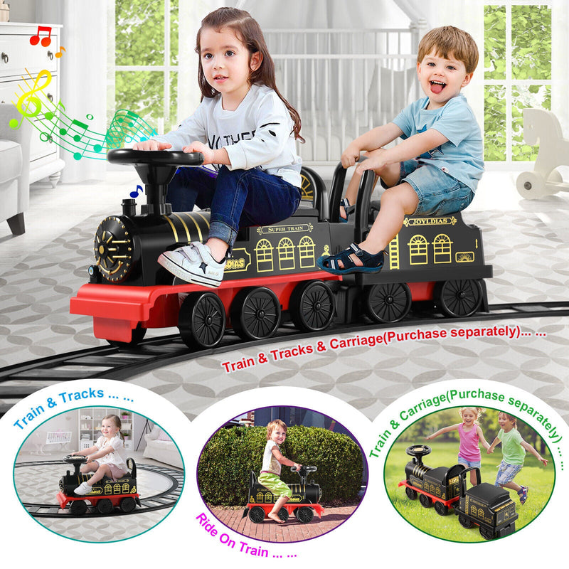 Interactive 6V Electric Kids Train Set with Track, Carriage, Lights, Whistle, Music, Storytelling, and Storage