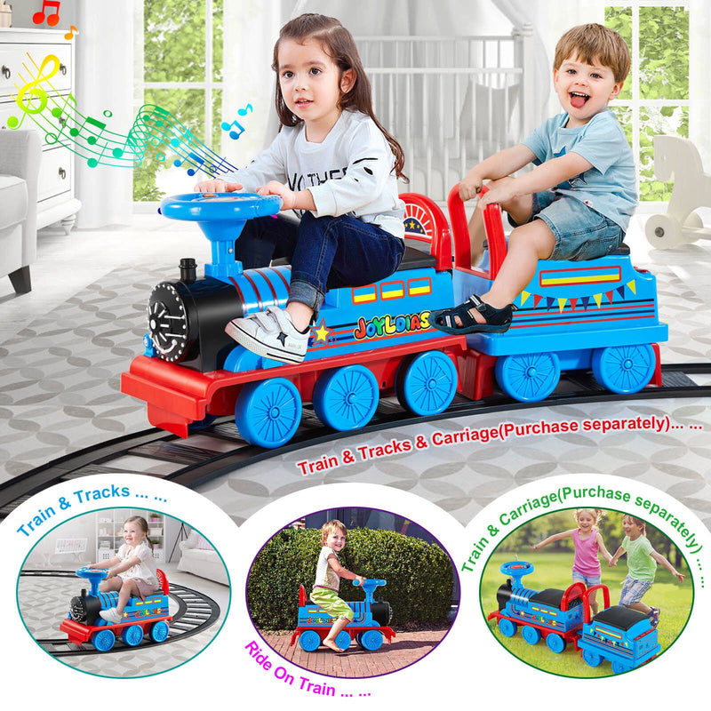Interactive 6V Electric Kids Train Set with Track, Carriage, Lights, Whistle, Music, Storytelling, and Storage