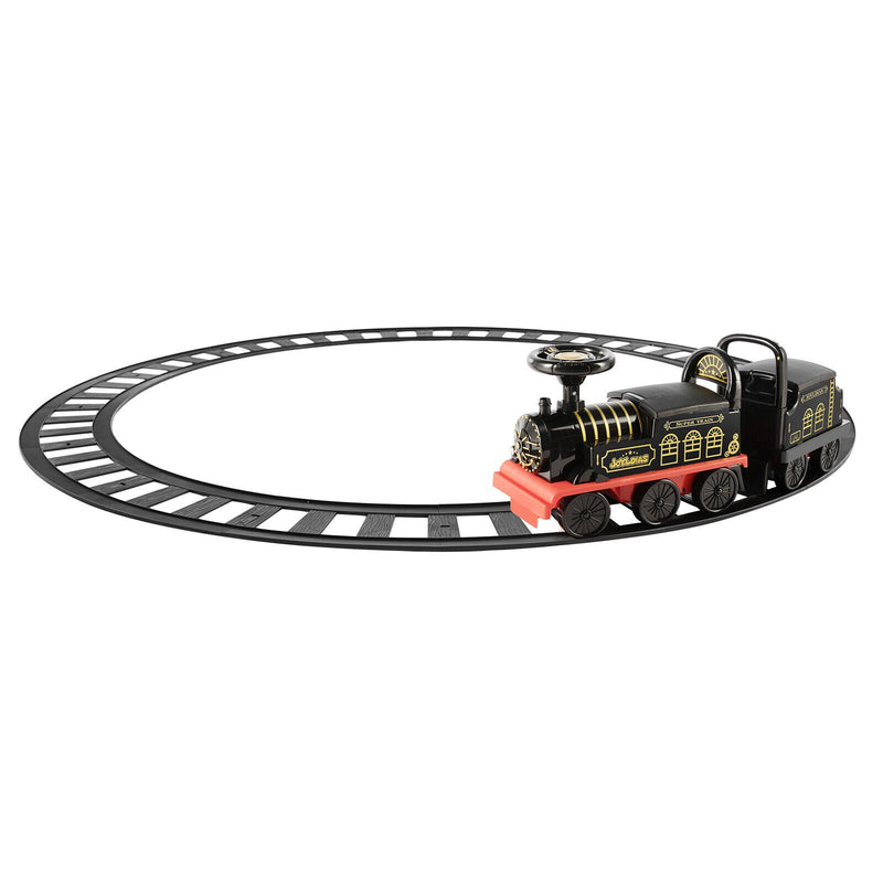 Interactive 6V Electric Kids Train Set with Track, Carriage, Lights, Whistle, Music, Storytelling, and Storage
