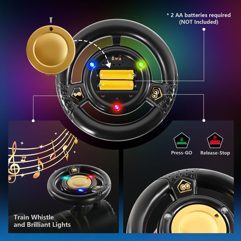 Interactive 6V Electric Kids Train Set with Track, Carriage, Lights, Whistle, Music, Storytelling, and Storage