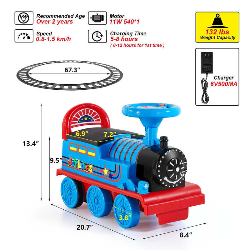 Interactive 6V Electric Kids Train Set with Track, Carriage, Lights, Whistle, Music, Storytelling, and Storage