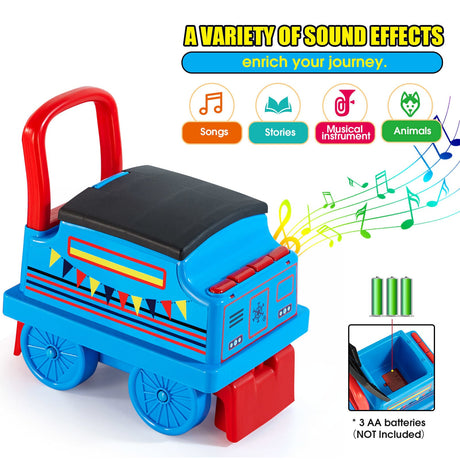 Interactive 6V Electric Kids Train Set with Track, Carriage, Lights, Whistle, Music, Storytelling, and Storage