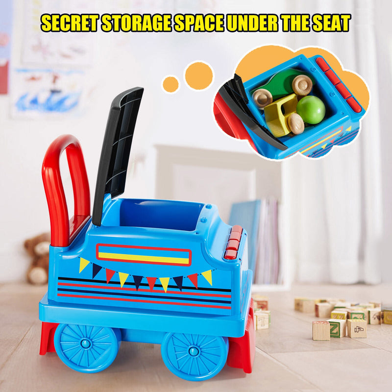 Interactive 6V Electric Kids Train Set with Track, Carriage, Lights, Whistle, Music, Storytelling, and Storage