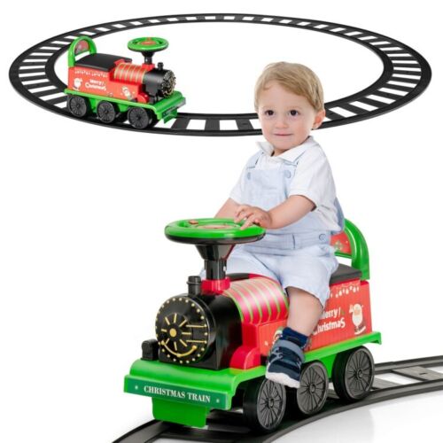 Interactive 6V Kids Ride-On Train with 16-Piece Track Set, Lights, Sounds, and Storage Seat