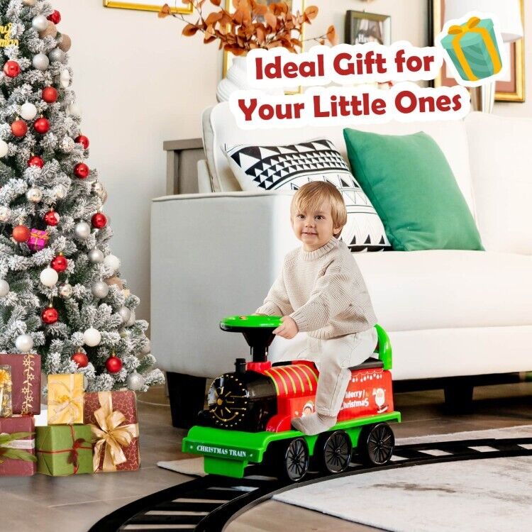 Interactive 6V Kids Ride-On Train with 16-Piece Track Set, Lights, Sounds, and Storage Seat