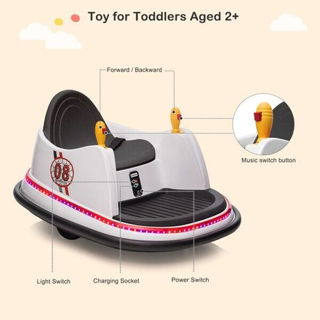 Interactive LED Bumper Car for Kids and Toddlers with Remote Control - White
