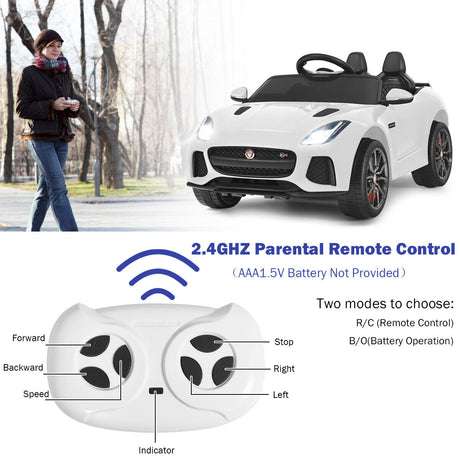 Jaguar F-Type SVR 12V Licensed Kids Ride On Car with Lights, Music, and Remote Control - White
