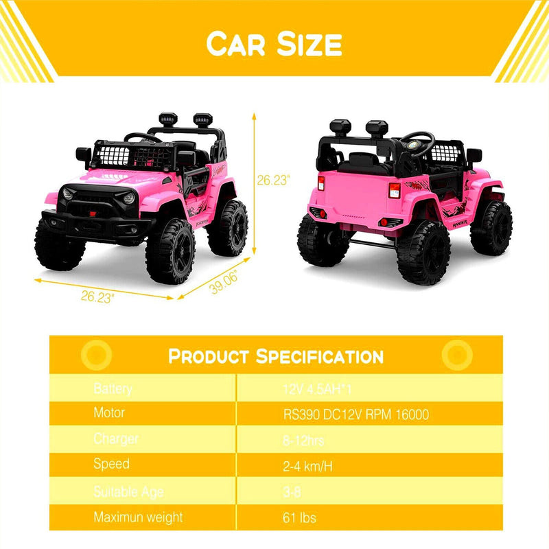 Jeep-Inspired 12V Ride-On Truck for Kids Ages 3-8, Pink