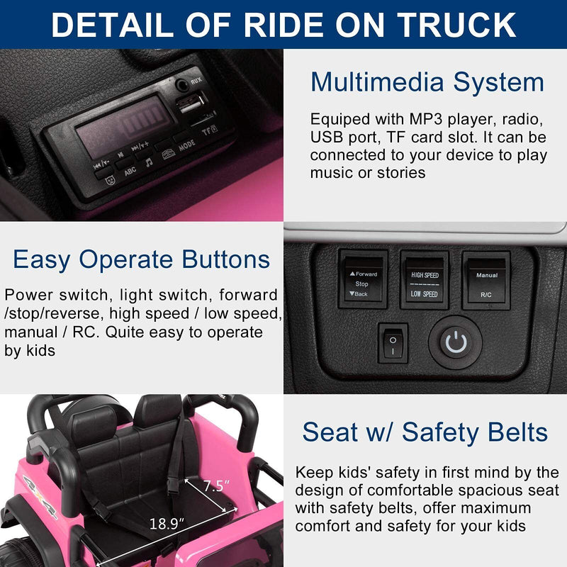 JOYMOR 12V 2-Seater Ride On Truck for Kids with Remote Control, MP3 Player, LED Lights, and Horn