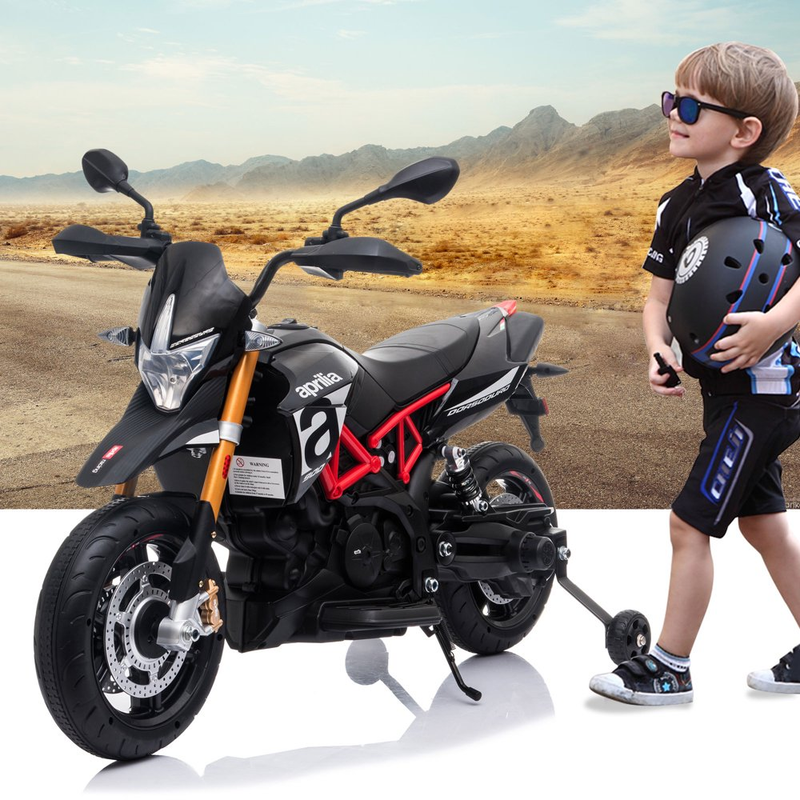 Kid's Electric Motorcycle with Training Wheels, LED Lights, and MP3 Player - Black (12V)