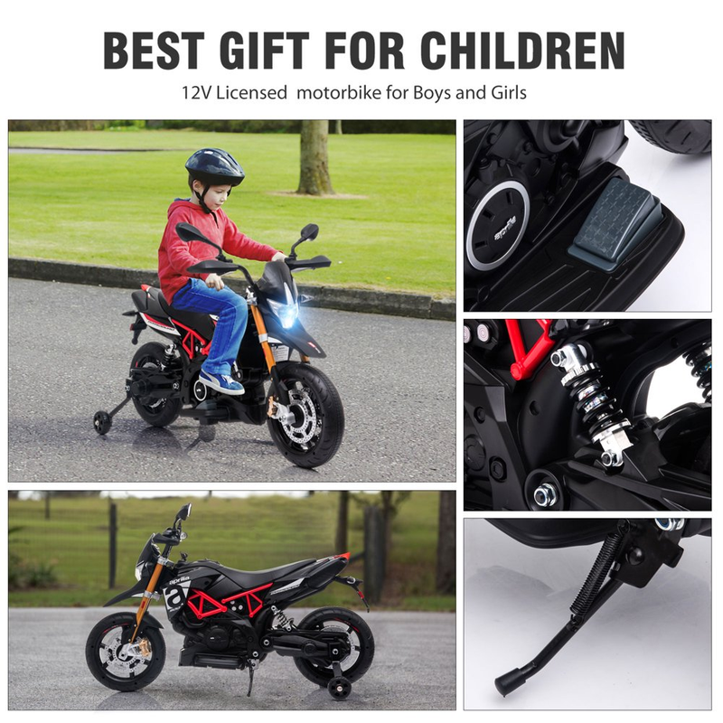 Kid's Electric Motorcycle with Training Wheels, LED Lights, and MP3 Player - Black (12V)