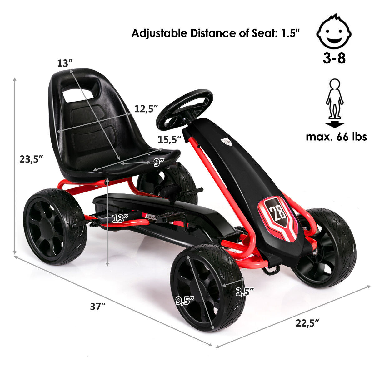 Kids' Pedal Car Go Kart - Adjustable Seat, 4 Wheels, Black