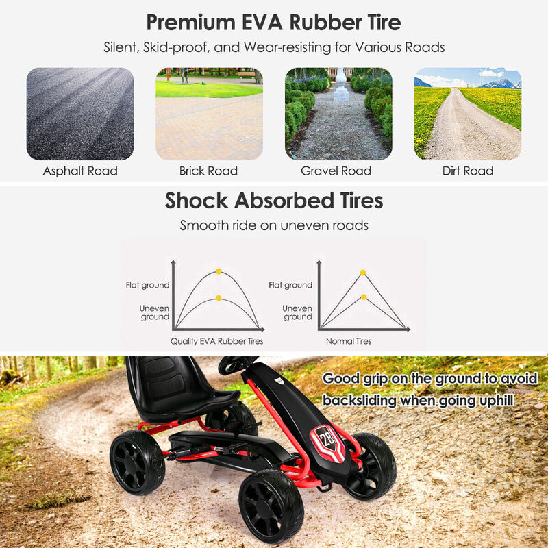 Kids' Pedal Car Go Kart - Adjustable Seat, 4 Wheels, Black