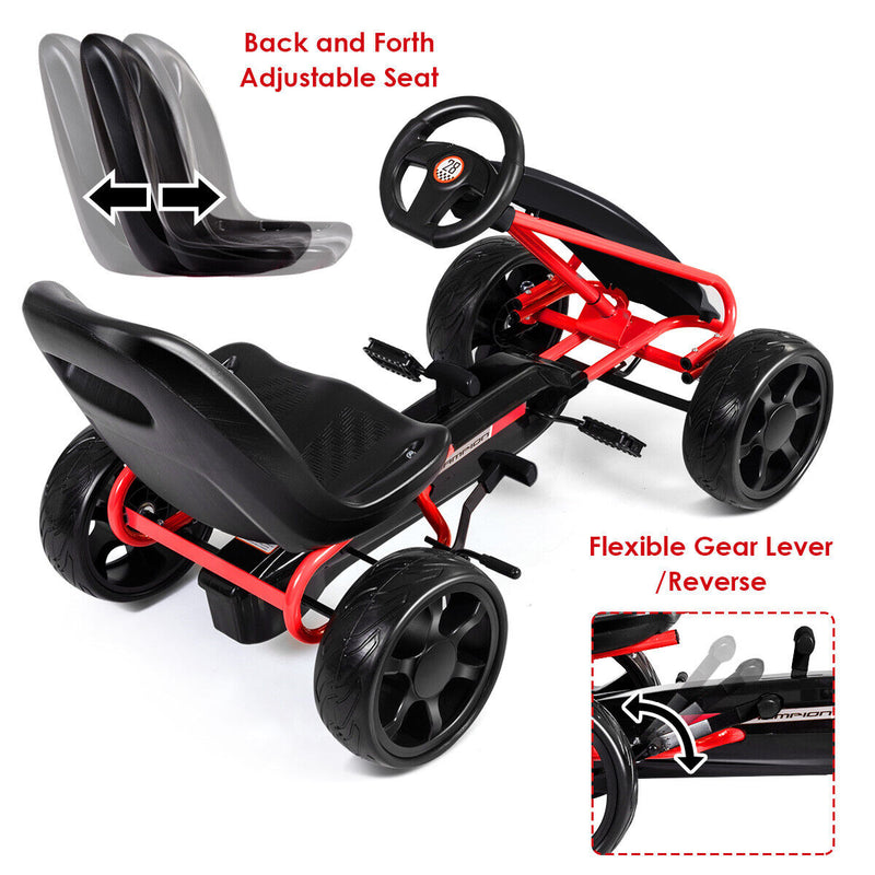 Kids' Pedal Car Go Kart - Adjustable Seat, 4 Wheels, Black