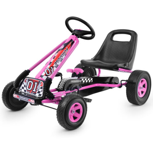 Kids' Pink Pedal-Powered Go Kart with Adjustable Seat - Honeyjoy 4-Wheel Ride-On Toy