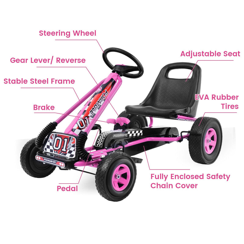 Kids' Pink Pedal-Powered Go Kart with Adjustable Seat - Honeyjoy 4-Wheel Ride-On Toy