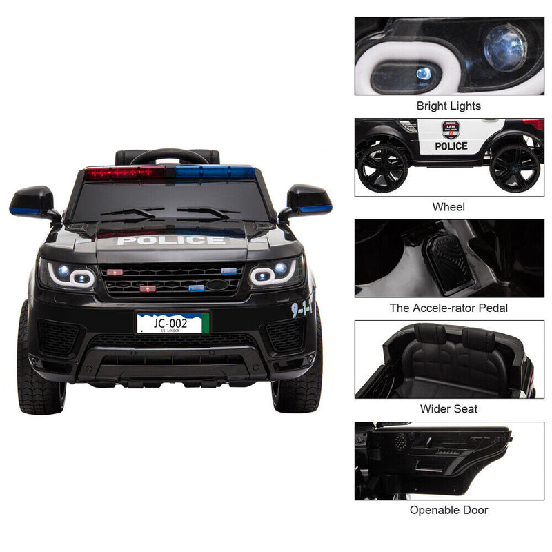 Kids Police Ride On Car with Remote Control and LED Lights - 12V Electric Vehicle