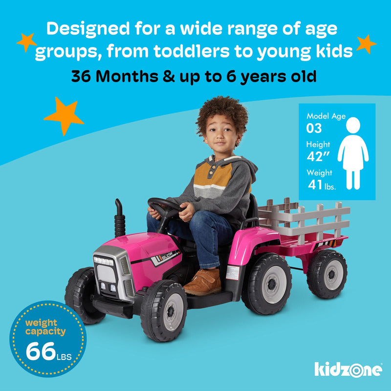 Kidzone 12V Electric Tractor with Trailer Ride-On Toy, Dual Speeds