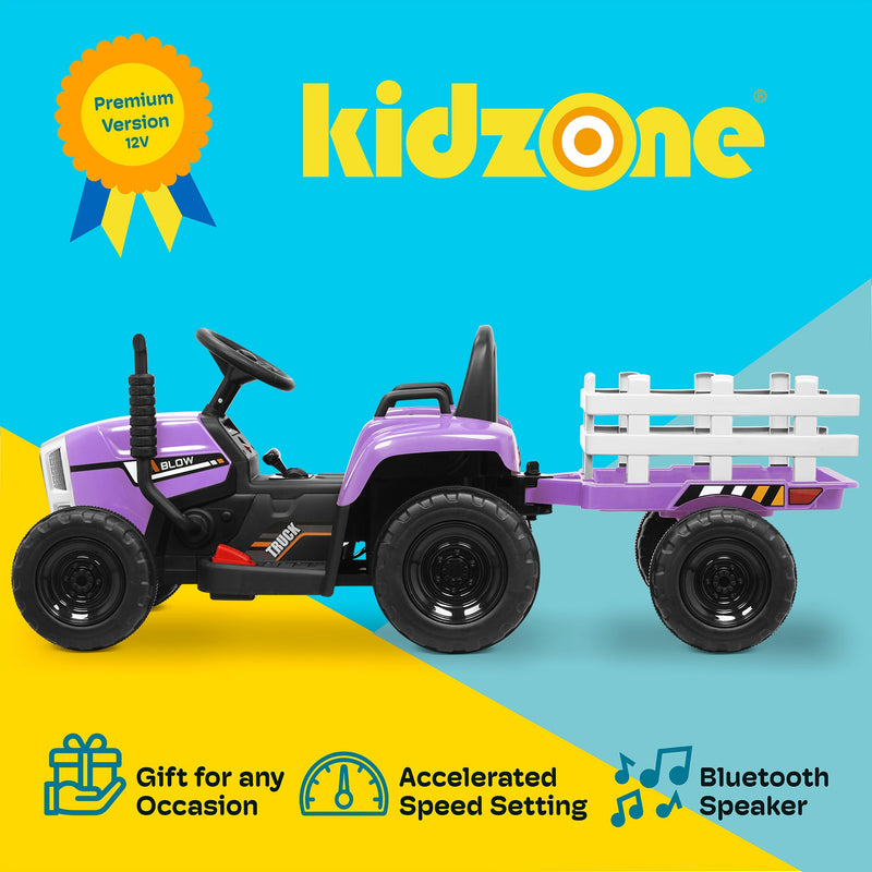 Kidzone 12V Electric Tractor with Trailer Ride-On Toy, Dual Speeds