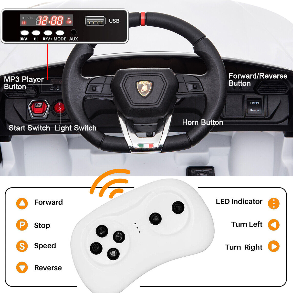 Kimbosmart 12V Licensed Lamborghini Ride On Car with 2 Speeds and Parental Control