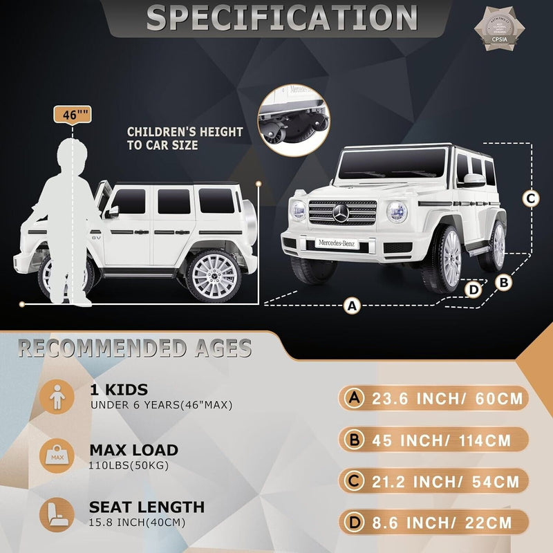 Licensed Mercedes-Benz G500 4WD Battery Powered Ride-On Car for Kids - White