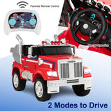 Licensed 12V Freightliner Kids Ride On Truck with Dump Box and Lights - Red