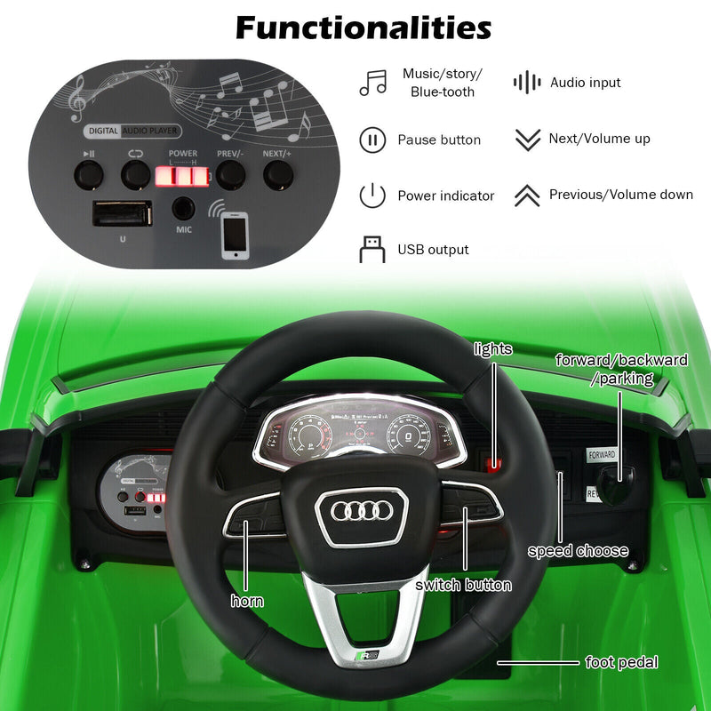 Licensed Audi RS Q8 12V Ride-On Car for Kids with Remote Control, Lights, and Music in Green