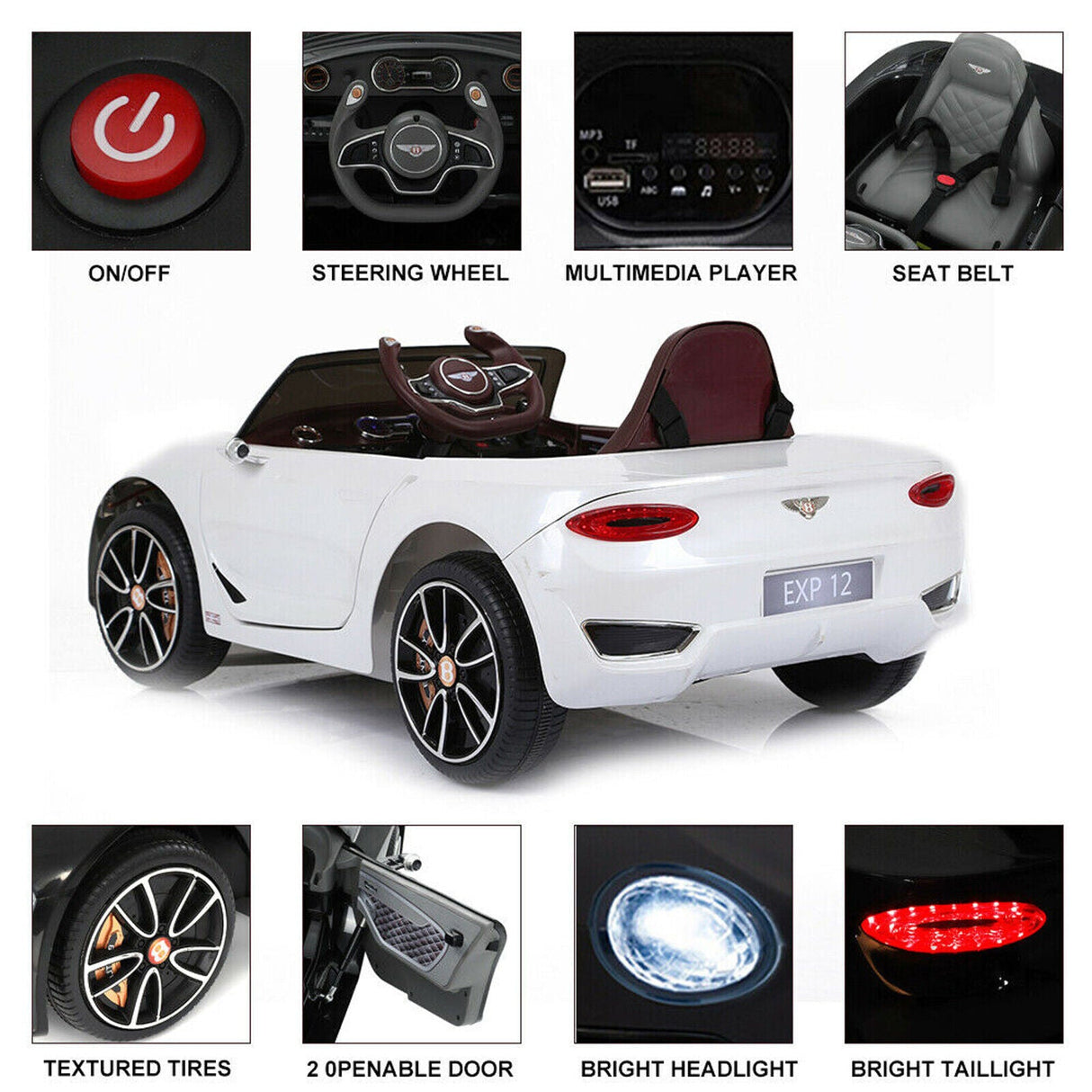 12V Electric Kids Ride On Car with LED Lights - Bentley EXP12 Inspired Design