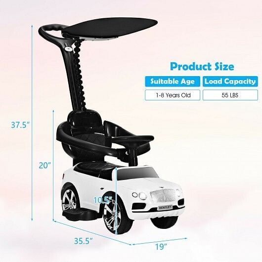 Licensed Bentley Kids Push and Sliding Car with Canopy - White