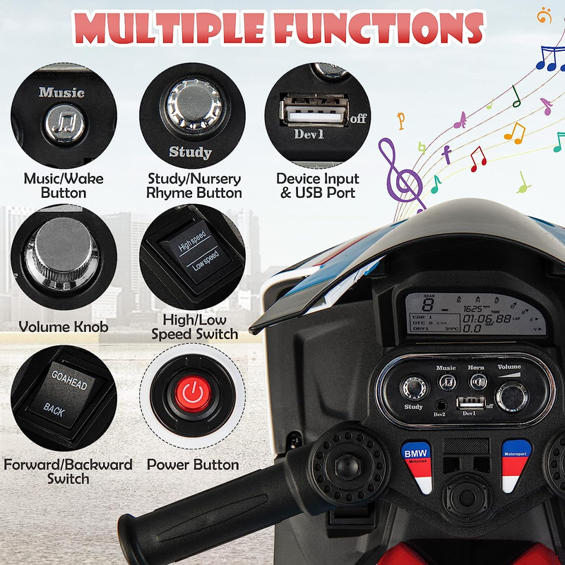 Licensed BMW 12V Battery Powered Ride-On Motorcycle for Kids with Headlights