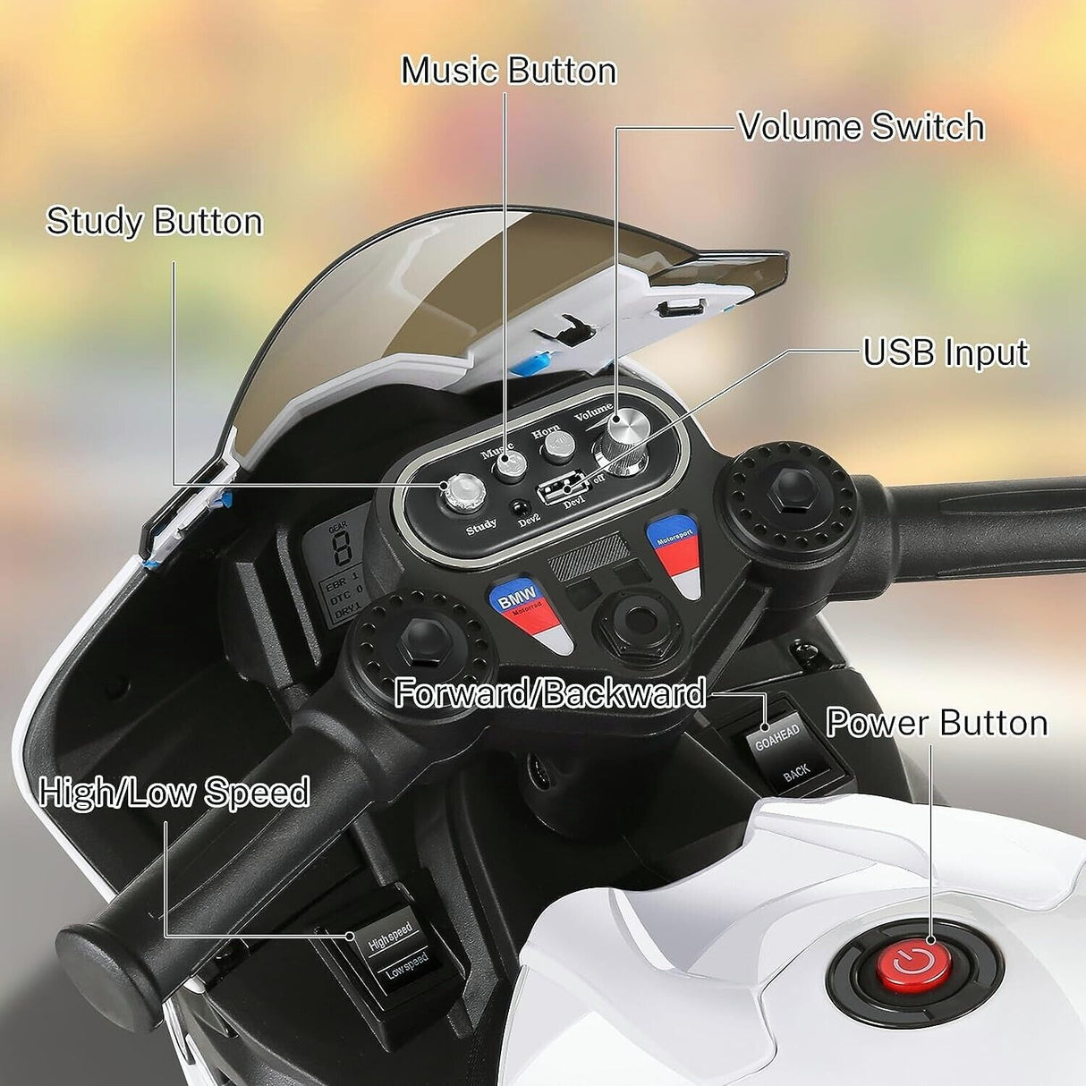 Licensed BMW 3-Wheel Electric Ride-On Motorcycle for Kids with Lights - White