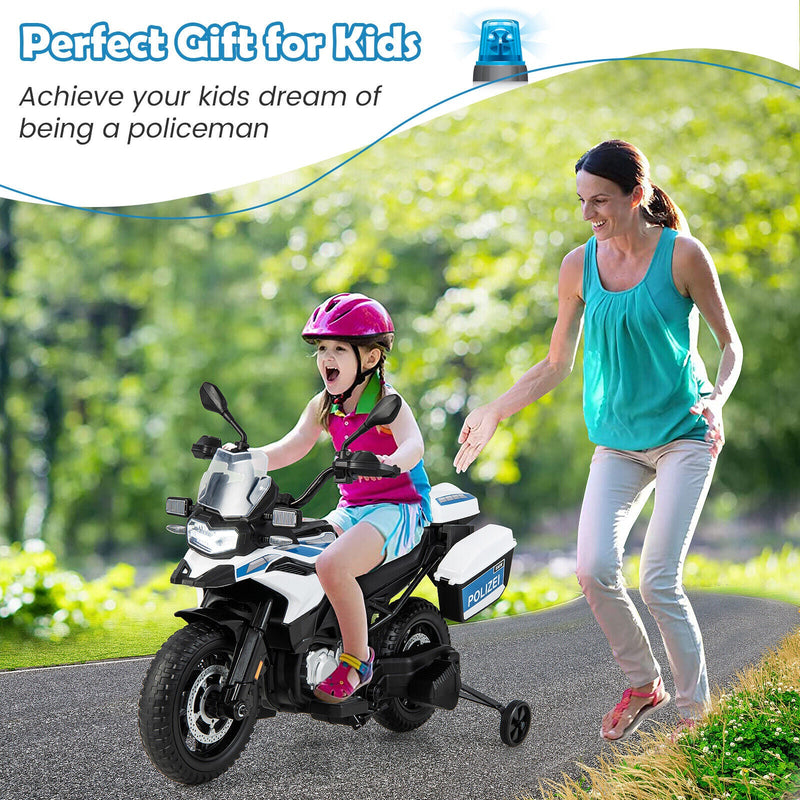 Licensed BMW Police Motorcycle Ride-On for Kids with Music and Lights - 12V White Dirt Bike