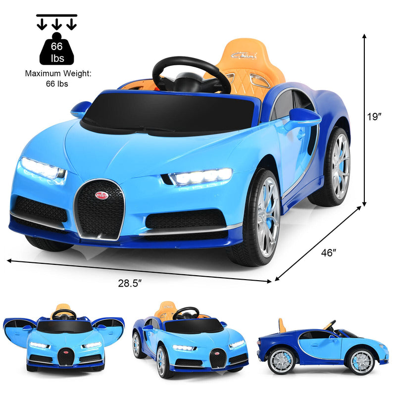 Licensed Bugatti Chiron Kids Ride On Car with RC, Music & USB - 12V Blue