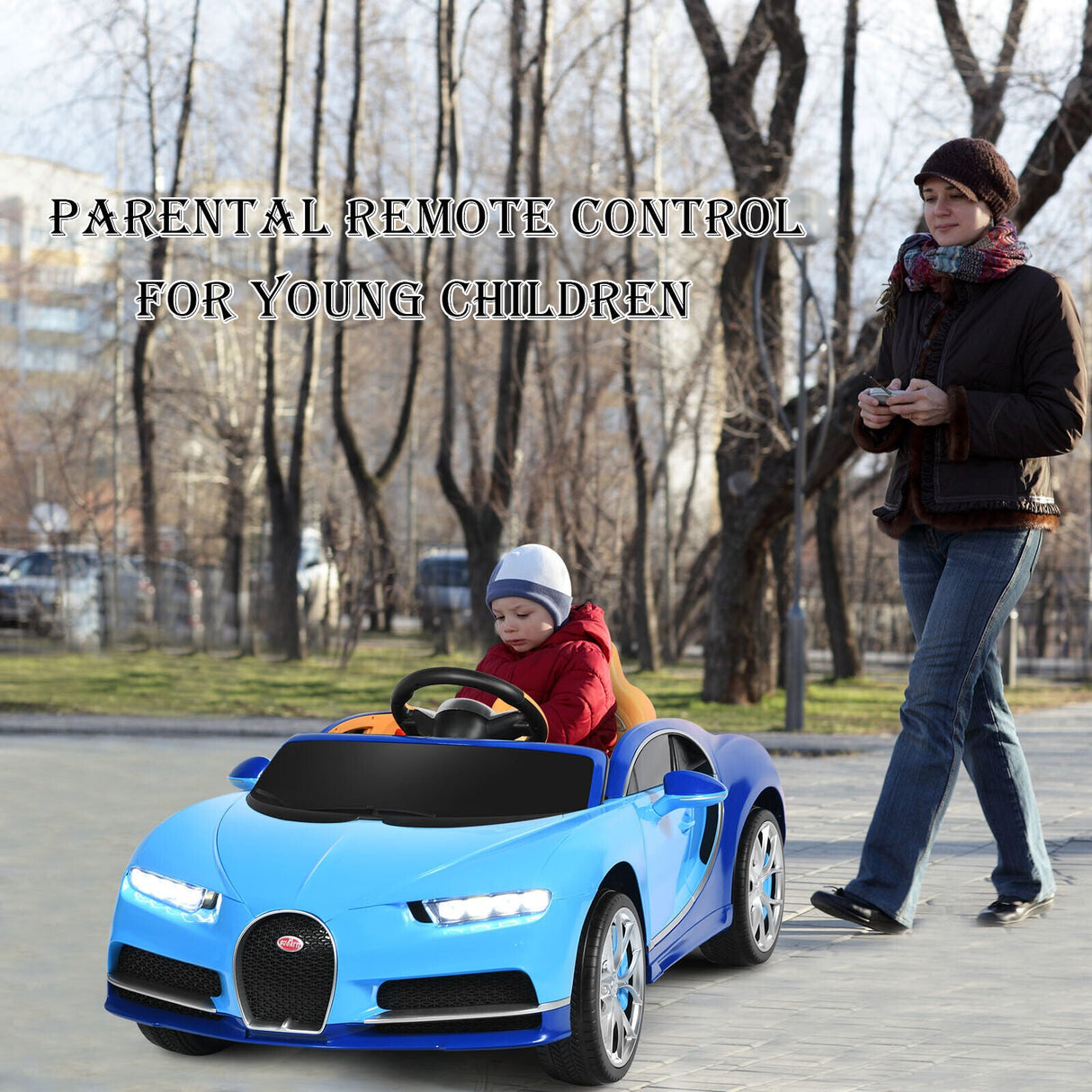 Licensed Bugatti Chiron Kids Ride On Car with RC, Music & USB - 12V Blue