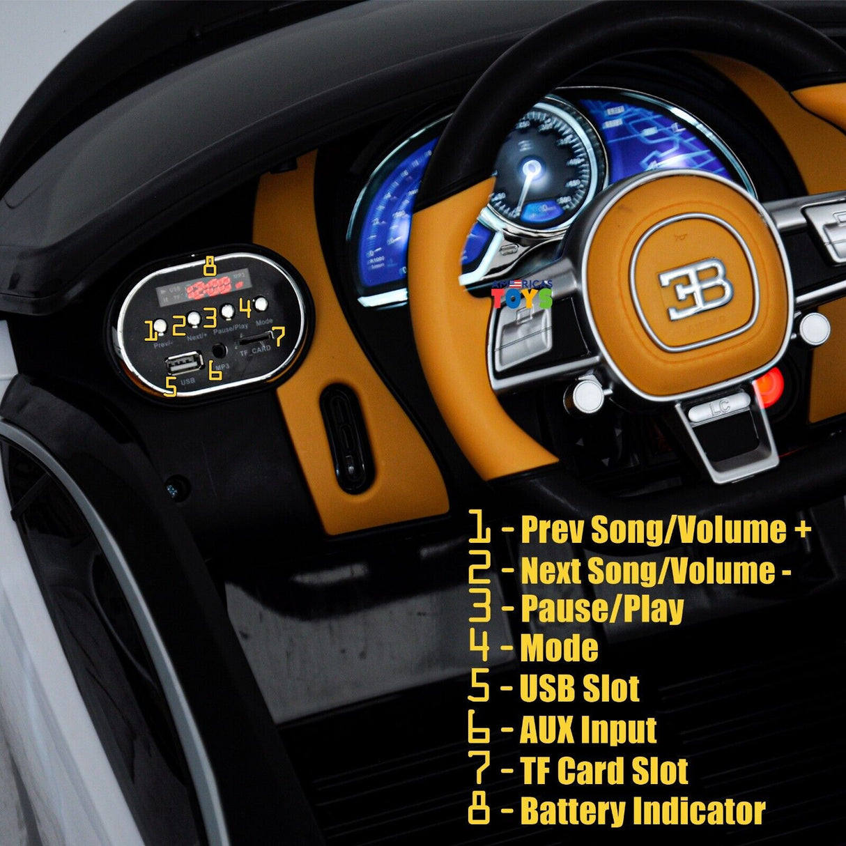 Licensed Bugatti R/C Car with Music, Leather Seat, and Multiple Color Options