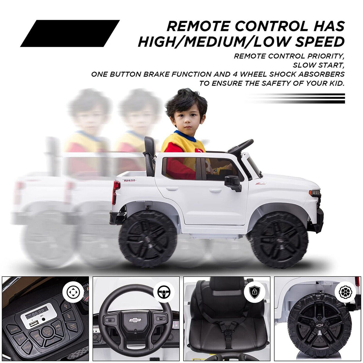 Licensed Chevrolet Silverado GMC White 12V Battery Powered Ride-On Truck for Kids