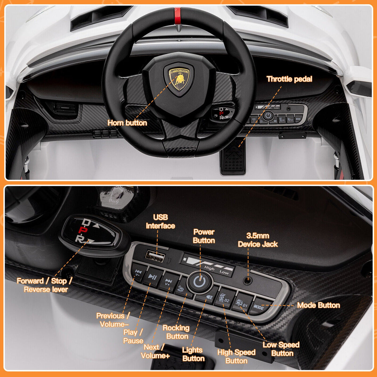 Licensed Lamborghini 2-Seater Electric Ride On Car for Kids with Remote Control - 12V US Version