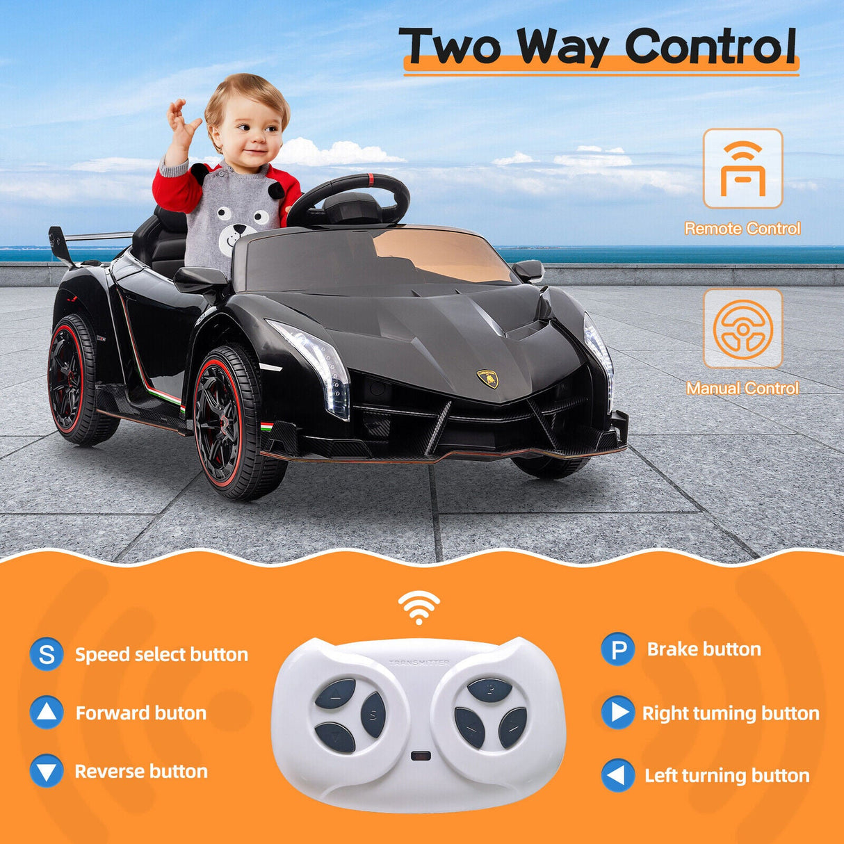 Licensed Lamborghini Electric Ride-On Toy Car for Kids with Remote Control and MP3 - Black (12V)