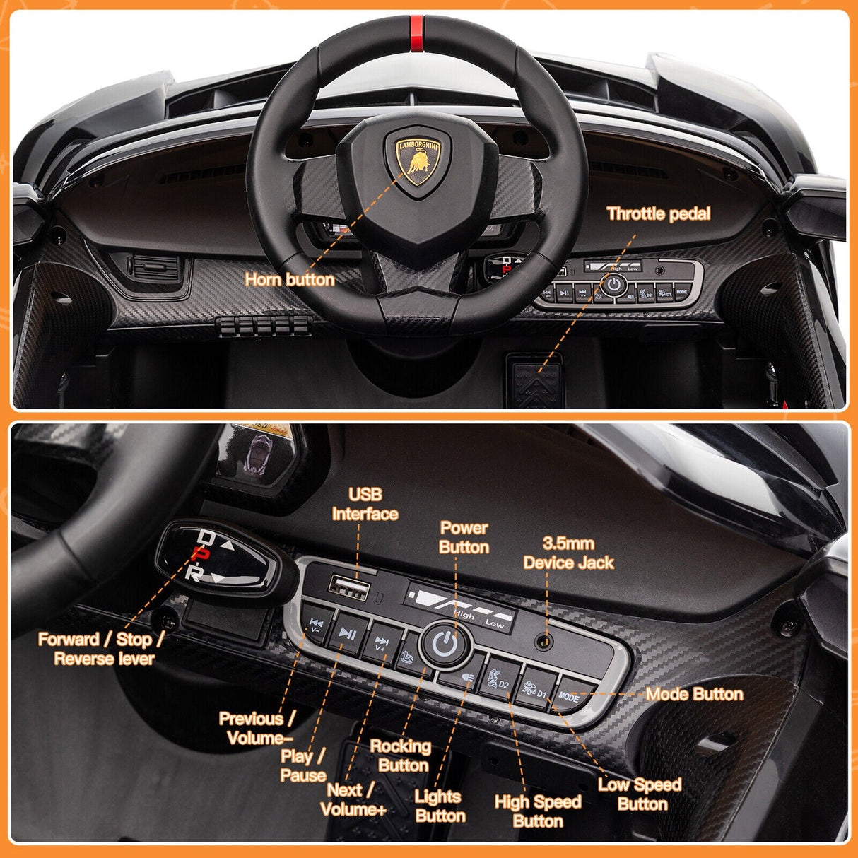 Licensed Lamborghini Electric Ride-On Toy Car for Kids with Remote Control and MP3 - Black (12V)