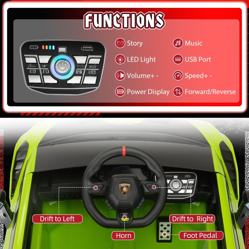 Licensed Lamborghini STO Ride On Car for Kids - 12V Battery Powered, Green