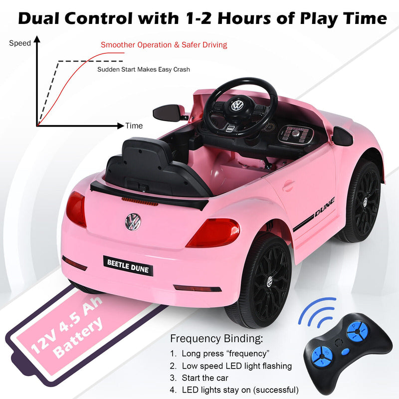 Licensed Pink Volkswagen Beetle Ride-On Car for Kids with Music and Remote Control - 12V